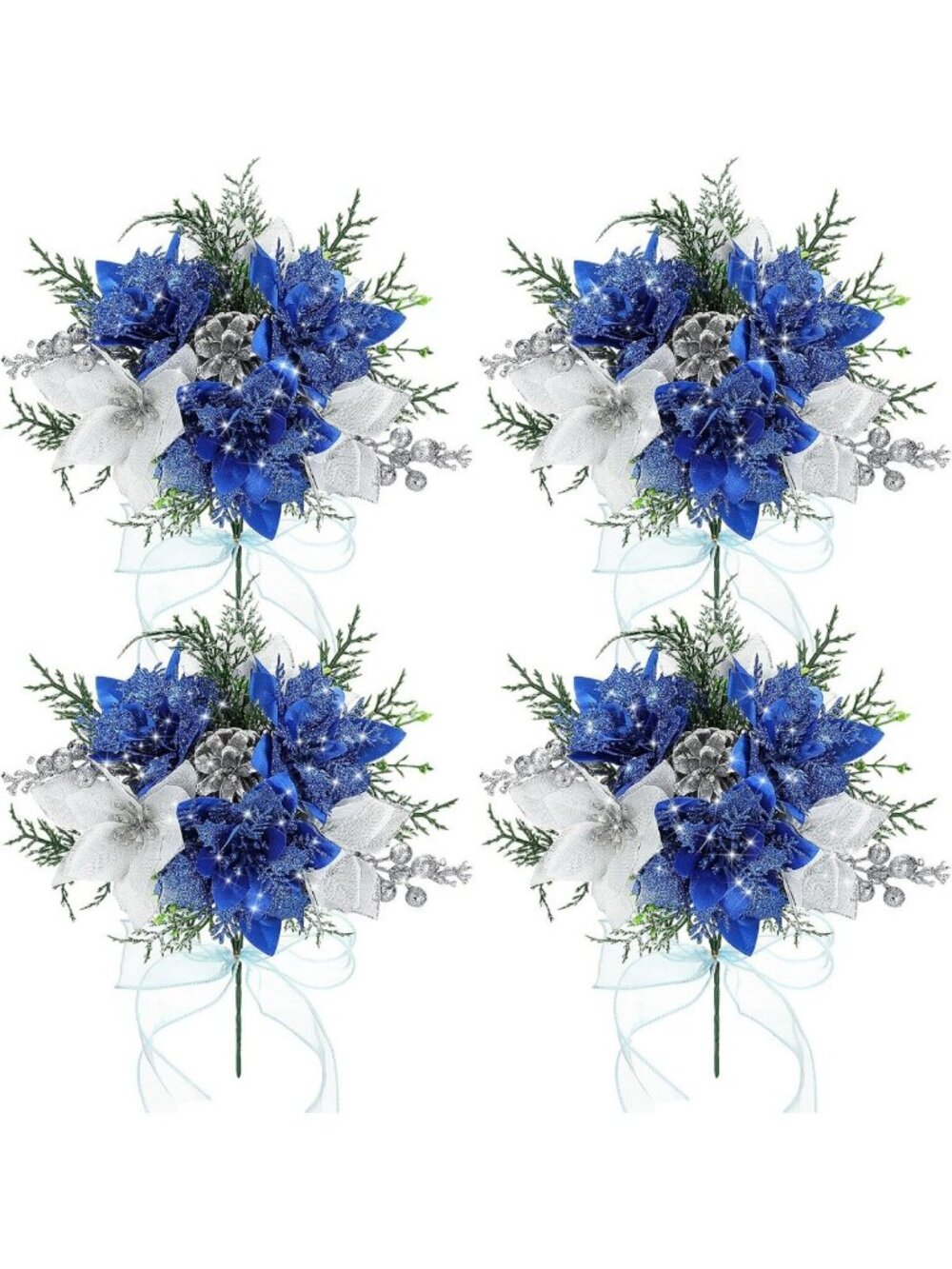 4 Pack Faux Velvet Poinsettia & Berry Xmas Bushes - Classic Blue Holiday Decor